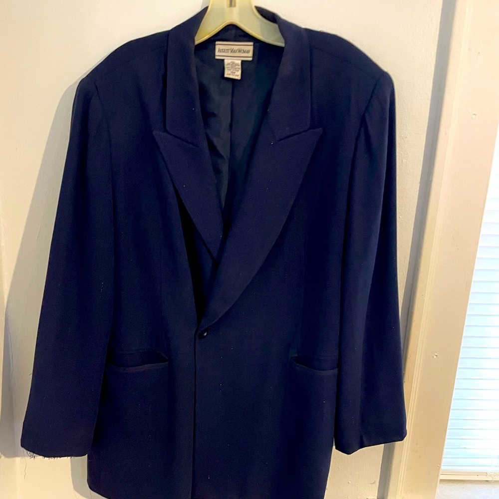 Navy Blue two piece, double breasted suit with silver, metallic vertical thread!